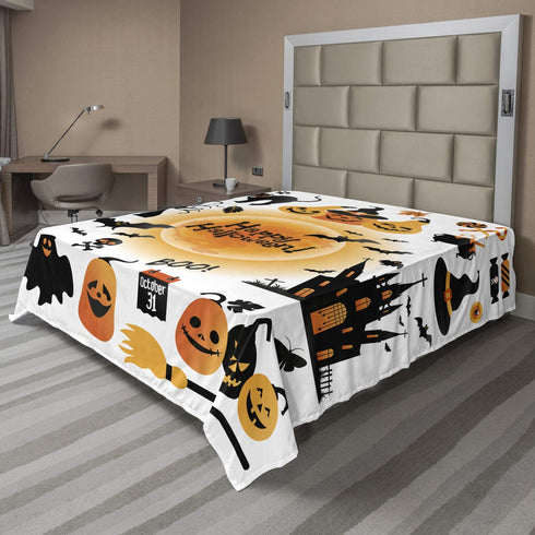Ambesonne Halloween Flat Sheet, All Hallows Day Objects Haunted House Owl and Trick or Treat Candy Black Cat, Soft Comfortable Top Sheet Decorative Bedding 1 Piece, King Size, Orange Black