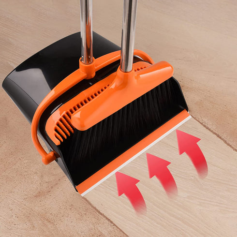 Perastra Long-Handled Broom & Dustpan Set, Upright Standing Dustpan & Super Long Handled Broom with Heavy Duty Bristles for Home Floor Sweeping (Black Orange)