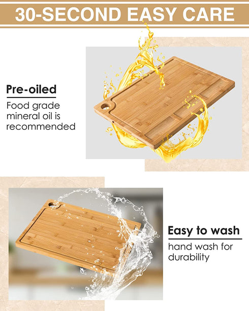 Bamboo Cutting Boards for Kitchen, (Set of 3) Kitchen Chopping Board with 3 Built-In Compartments and Juice Groove Heavy Duty Serving Tray Wood Butcher Block and Wooden Carving Board with Hole