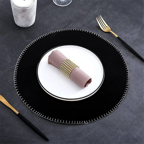 Urban Villa Round Placemats with Embroidery Stitches Black Color with White Stitches 100% Cotton Fused Place Mats 16'' Round Over Sized Set of 6 Ribbed Weave Every Day Use Heavier Quality