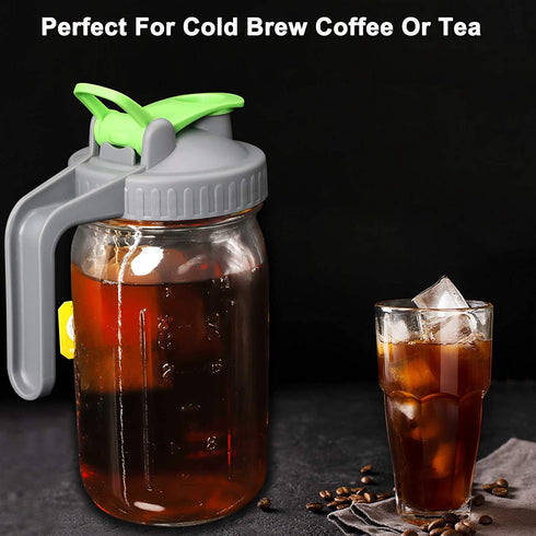 32 Oz Glass Mason Jars Pitcher With Handle Lids, 1 Quart Wide Mouth Ball Jar Pitcher With Flip Cap Pour Spout For Cold Coffee Iced Tea Fridge Drinking Airtight & Leakproof