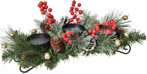 DearHouse Christmas Candle Holder Centerpiece, Pine Cones and Red Gold Berry Table Centerpiece with 3 Candle Holders Table Accent Centerpiece for Festival Home Decoration22 x10 x5(L x W x H)