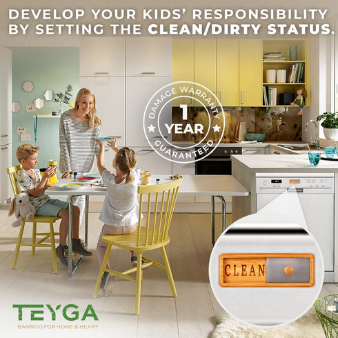 TEYGA Bamboo Dishwasher Clean Dirty Sign - With Stainless Steel Window - Clean Dirty Sign for Dishwasher, No-Scratch Dishwasher Dirty Clean Magnet, 2 Two-Sided Stickers, Clean Dirty Dishwasher Magnet