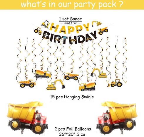 Construction Party Supplies, Dump Truck Birthday Party Decorations for Boys, with Construction Sign, Hanging Swirl, Happy Birthday Banner, Balloons, Cake Toppers - 70 Pack