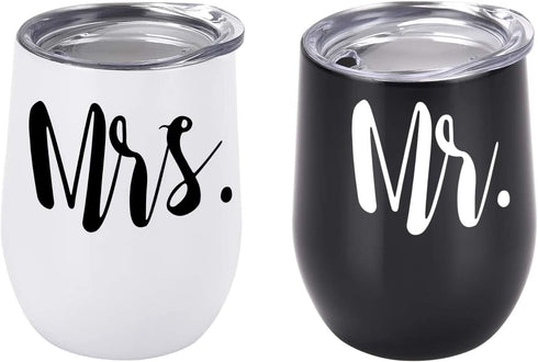 Mr and Mrs Wine Tumbler Set, Wedding Wine Tumbler, 12 Oz Insulated Stainless Steel Wine Tumbler for Newlyweds Couples Wife, Wedding Tumbler Idea for Bridal Showers Engagement, Set of 2