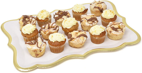 10 White Rectangle Trays with Gold Rim Border for Elegant Dessert Table Serving Parties 9" X 13" Heavy Duty Disposable Paper Cardboard for Platters, Cupcake Display, Birthday Party, Weddings Food Safe