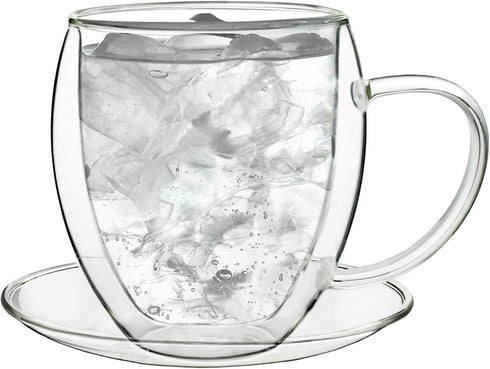 Creano Double Wall Glass Mugs 9 OZ with Handle and Saucer, Insulated Cup - 2X 9oz (250ml)