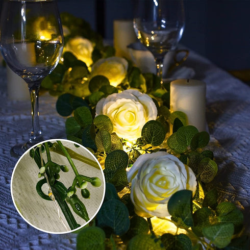 Artificial Eucalyptus Garland, Seasky Greenery Garland Vines with Lights Garland Eucalyptus Leaves with 8 Roses for Garden Home Office Party Decor Indoor, Wedding Arch Decor Outdoor