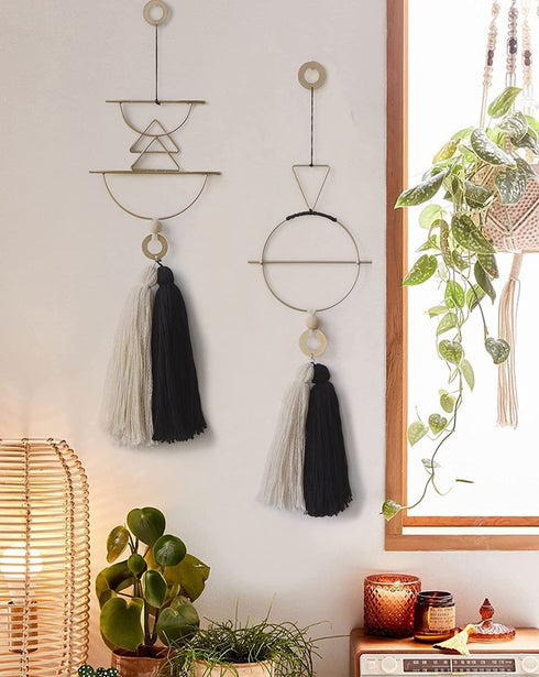 Boho Wall Decor Macrame Wall Hanging Yarn Wall Art Tassel Handmade Home Hanging Décor (Gold)