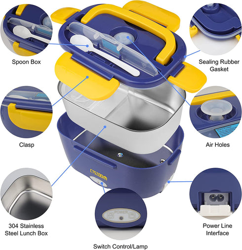 Electric Lunch Box -- Toursion Portable Food Heater 2 in 1 for Car/Truck and Work 110V&12V-24V 40W, Removable Stainless Steel Portable Food Warmer 1.5L, Spoon and 2 Compartments Included (Dark Blue)