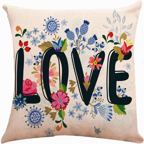ZUEXT Spring Floral Love Throw Pillow Covers 16x16 Inch, Set of 4 Square Cotton Linen Outdoor Cushion Pillowcases for Sofa Couch Home Decor Valentines Mother's Birthday Day Housewarming Gift