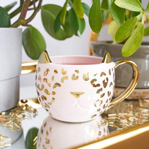 Pinky Up Chloe Leopard Mug, 12 Oz Coffee Cup, Tea Accessory, Pink Ceramic with Metallic Finish