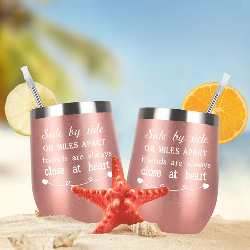 Friends Wine Tumbler Set of 2, Side By Side or Miles Apart Friends Are Always Close at Heart Wine Tumbler for Good Friends Long Distance Friends Women, 12 Oz Stainless Steel Insulated Wine Tumbler