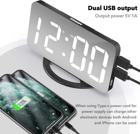 Digital Alarm Clock, 6.5" LED Mirror Electronic Clocks,with 2 USB Charger,Snooze Model, 3 Adjustable Brightness?Outlet Powered Compact Clock for Bedrooms, Bedside, Desk, Shelf(Black-White)