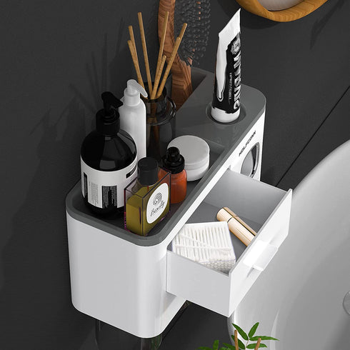Toothbrush Holder Wall Mounted, 2 Magnetic Cups Toothbrush Holders with Toothpaste Dispenser for bathrooms, Multi-Functional Bathroom Gadgets Electric Toothbrush Holder Set for Bathroom Organizer