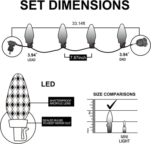 50 LED C9 Christmas String Lights, 33.14FT Fairy String Lights, Extendable Green Wire String Lights for Indoor and Outdoor, Holiday Christmas Tree Wedding Party Bedroom Decorations (Warm White)