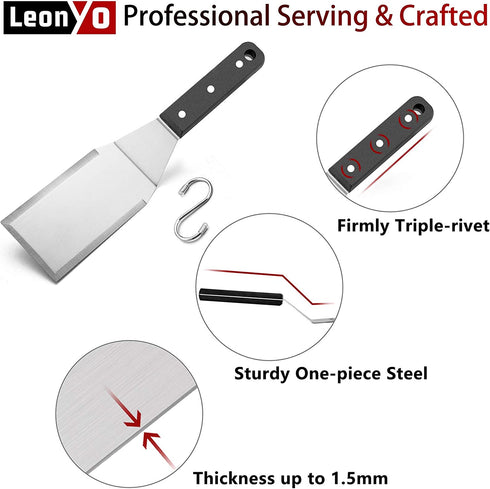 Metal Spatula Set of 8, Leonyo Stainless Steel Griddle Turner Scraper for Flat Top Grill Teppanyaki Cast Iron BBQ Cooking Pancake, Heavy Duty & Dishwasher Safe, Attach 4 Hanging Hooks, Great Men Gift