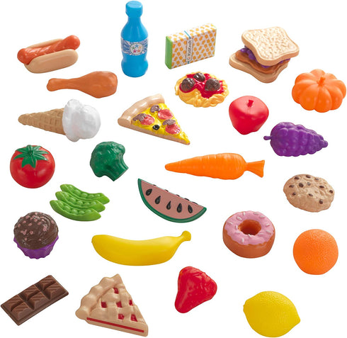 KidKraft 30-Piece Plastic Play Food Set, Fruits, Veggies, Sweets and More, Use with Play Kitchens, Gift for Ages 3+