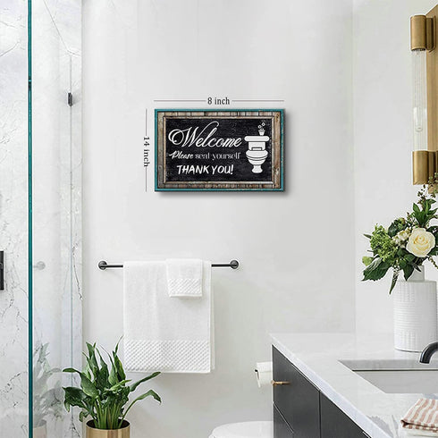 Teal Wall Art, Funny Bathroom Picture Wall Decor, Restroom Canvas Prints Black and White Please Seat Yourself Sign Rustic Turquoise Welcome Signs Painting Accessories Farmhouse Home Decoration 8 x 14"