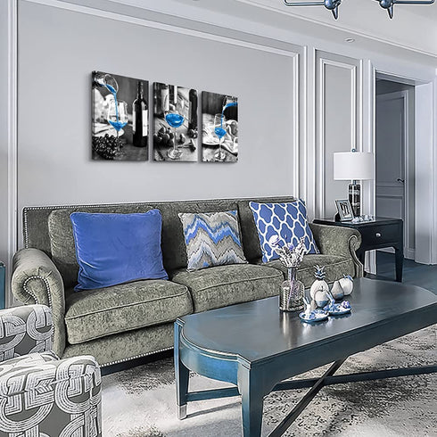 Canvas Wall Art For Kitchen Wall Decor For Dining Room Black And White Wine Glasses Painting Modern Blue Wine Canvas Art Prints Ready To Hang Pictures For Restaurant Home Decorations 12"X16" 3 Pieces