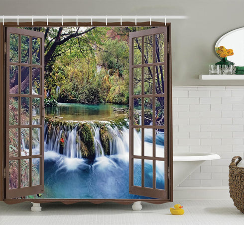 Ambesonne Waterfall Shower Curtain, Wide Waterfall Deep Down in The Forest Seen from a City Window Epic Surreal Print, Cloth Fabric Bathroom Decor Set with Hooks, 69" W x 70" L, Forest Green