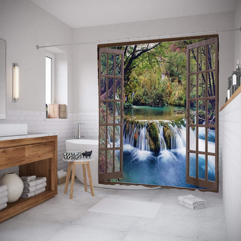 Ambesonne Waterfall Shower Curtain, Wide Waterfall Deep Down in The Forest Seen from a City Window Epic Surreal Print, Cloth Fabric Bathroom Decor Set with Hooks, 69" W x 70" L, Forest Green
