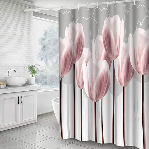 Artsbay Floral Shower Curtain Modern Elegant Pink Tulip Flower Design Art Print Bath Curtain Home Apartment Pink and Gray Fabric Bathroom Accessories Set