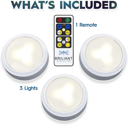 Brilliant Evolution LED Puck Light | Wireless LED Under Cabinet Lighting | Under Counter Lights for Kitchen | Battery Operated Lights | Under Cabinet Light | Battery Powered Lights (3-Pack)