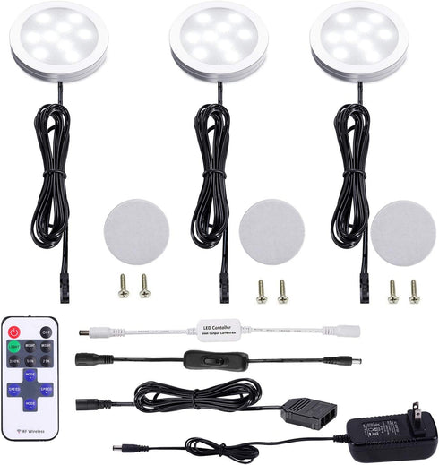 Dimmable LED Under Cabinet Puck Lights AIBOO 3 Lamps Kit with RF Remote Control for Home Kitchen Counter Lighting (Daylight White 6000K)