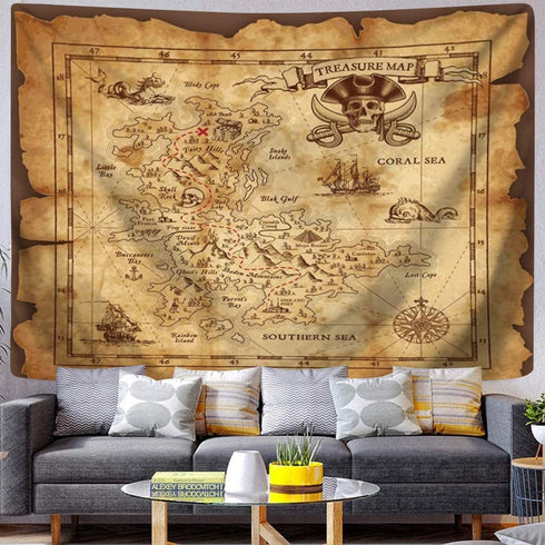 QCWN Pirate Map Tapestry, Treasure Map Tapestry, Island Treasure Map Nautical Wall Tapestry,Tapestry for Men,Halloween Map Tapestry Room Decor for Men,Pirate Decor,Birthday Party.