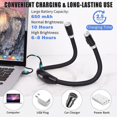 Neck Reading Light USB Rechargeable - LEDGLE Book Light for Reading in Bed with 4 LED 3 Brightness Levels 2 Flexible Soft Silicone Arms - Hands Free Lamp for Reading Knitting Craft Camping Repairing