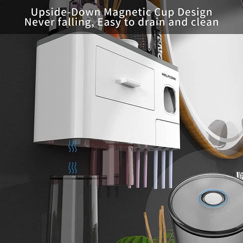 Toothbrush Holder Wall Mounted, 2 Magnetic Cups Toothbrush Holders with Toothpaste Dispenser for bathrooms, Multi-Functional Bathroom Gadgets Electric Toothbrush Holder Set for Bathroom Organizer