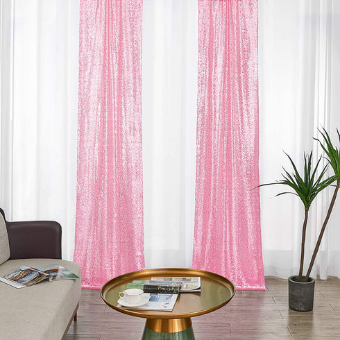 2—8FT-2PCS Pink Sequin Backdrop Curtains Panels, Photography Backdrop Glitter Curtains Fabric Background for Christmas Wedding Party Decor