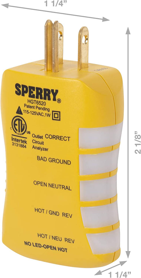 Sperry Instruments HGT6520, Stop Shock II-Single, DIY Testing-120V AC, 3 Color LED Indicator, Comfort Grip, Patented GFCI Outlet Tester, Yellow