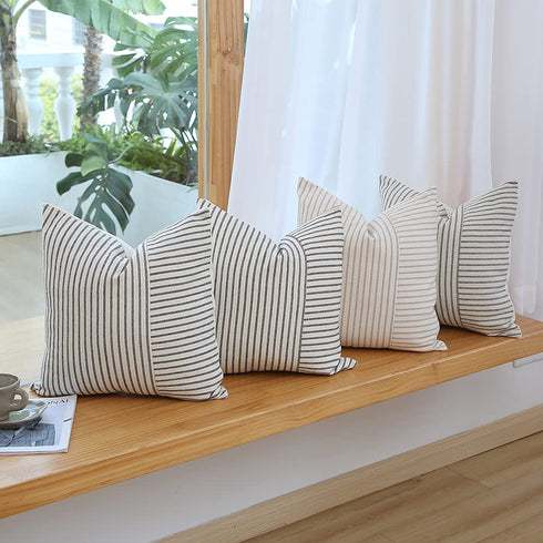 Hckot Khaki and Beige Patchwork Farmhouse Throw Pillow Covers 20 x 20 Inch, Pack of 2 Striped Linen Decorative Pillow Case for Sofa Couch Chair Bedroom Modern Decor (20" x 20", Khaki)