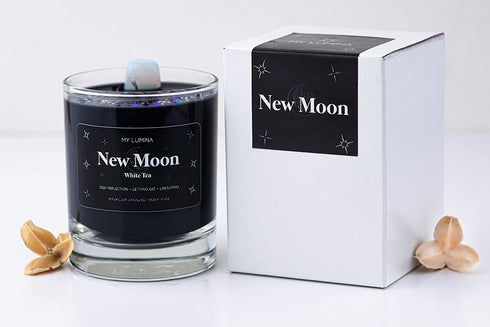 My Lumina New Moon Aromatherapy Candle w/ Moonstone Crystal Inside -Natural Stone Healing Energy, Stress Relief, Relaxing & Balance- Soy Wax Scented Candle Home - Gift for New Beginnings - Night Black