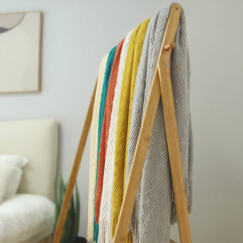 JibHome Knitted Throw Blankets for Couch and Bed, Soft Cozy Knit Blanket with Tassel, Yellow Lightweight Decorative Blankets and Throws, Farmhouse Warm Woven Blanket for Men and Women(Yellow)