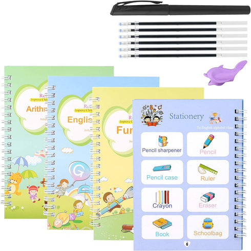 Magic Copy Practice Book Copybook Letters Set 4 Pack with Pens Refills English Cursive Calligraphy Reusable for Kids Kindergarten Preschool 1st 3rd Grade Toddlers Age 3 4 5 6 7 8 English