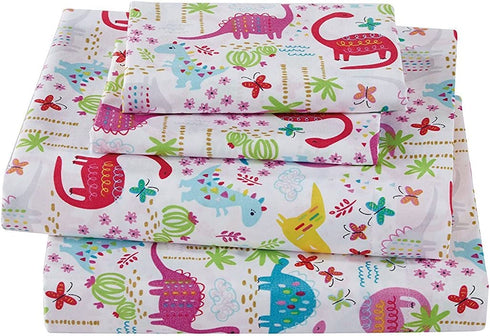 Linen Plus Sheet Set for Girls Dinosaur Pink White Red Purple Yellow Dinosaurs Jurassic Flat Sheet Fitted Sheet and Pillow Case Crib Size New