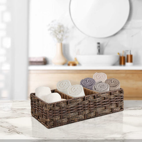 Back of Toilet Basket Toilet Tank Tray Toilet Tank Basket with 3 Section, Basket Organizer for Bathroom,Decorative Wicker Baskets for Bathroom Counter