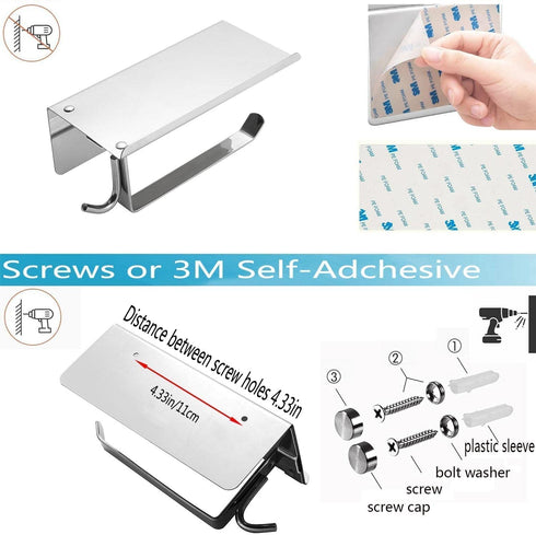 Toilet Paper Holder with Shelf, Toilet Tissue Holder with Phone Shelf, Bathroom Stainless Steel Tissue Roll Dispenser Storage,Wall Mounted 3M Self Adhesive No Drill Or Drilling with Screws