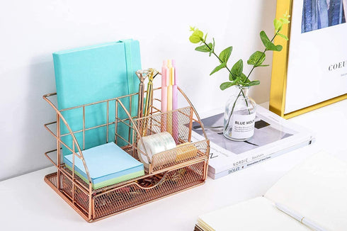 Upgraded Desk Organizer for Women, Cute Mesh Office Supplies Accessories Essentials Caddy with Drawer for Home & Office Desktop Organization & Decor, Rose Gold