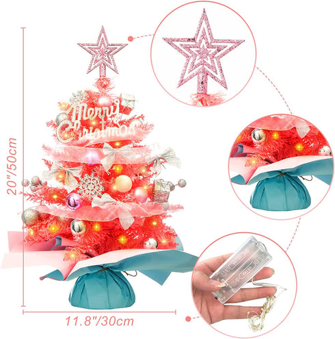 20'/50cm Mini Pink Christmas Tree,Artificial Small Christmas Tree with Led Lights/Ornaments, Tabletop Christmas Tree for Kids Christmas Decoration Gifts(Pink)