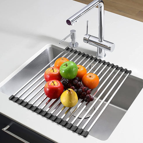 AOUAO Roll Up Dish Drying Rack,Multipurpose Square Stainless Steel Over The Sink Drainer Rack,Kitchen Portable Dish Rack ( Gray, 17.5" x 15")