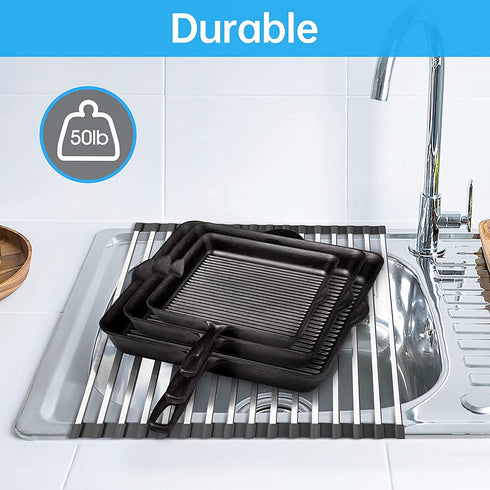 AOUAO Roll Up Dish Drying Rack,Multipurpose Square Stainless Steel Over The Sink Drainer Rack,Kitchen Portable Dish Rack ( Gray, 17.5" x 15")