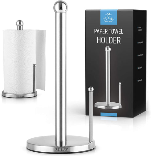 Zulay Stainless Steel Paper Towel Holder - Standing Paper Towel Holder Countertop Roll Dispenser for Standard & Large Sized Rolls - Easy One Handed Tear Paper Towel Holders for Kitchen & Dining Table