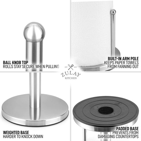 Zulay Stainless Steel Paper Towel Holder - Standing Paper Towel Holder Countertop Roll Dispenser for Standard & Large Sized Rolls - Easy One Handed Tear Paper Towel Holders for Kitchen & Dining Table