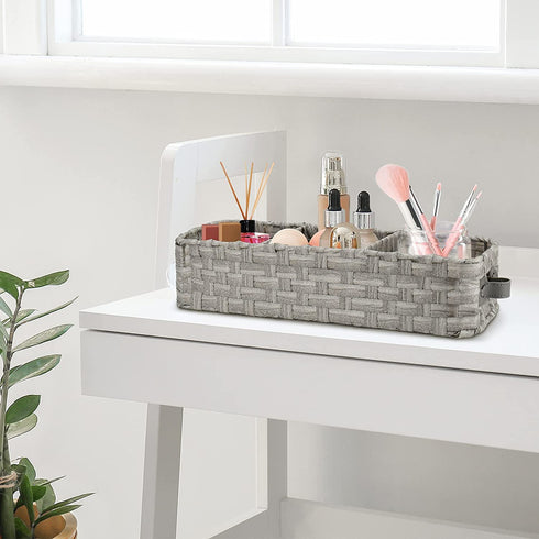 Toilet Paper Storage Basket, Natural Woven Seagrass Wicker Bathroom Storage Basket Bin Toilet Paper Holder with Leather Handle, Toilet Tank Top Decorative Box for Bathroom, Living Room, Entryway