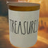 Rae Dunn by Magenta, Treasures Ceramic Canister w/Wood lid, Beige, Black LL