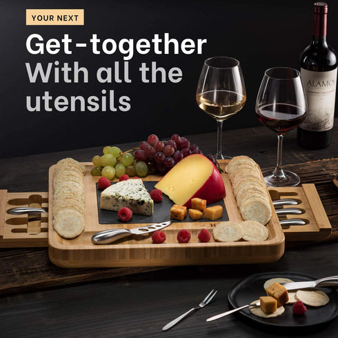 MITBAK Charcuterie Board Tray with 12 Cheese Utensils | Bamboo Cheese Board Serving Tray | Cutting Board Platter Housewarming, Wedding Mom Gifts| 16 x 13 x 2 "